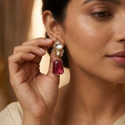 Gold Finish Kundan Stone Drop Earrings for Women | Lady Zone