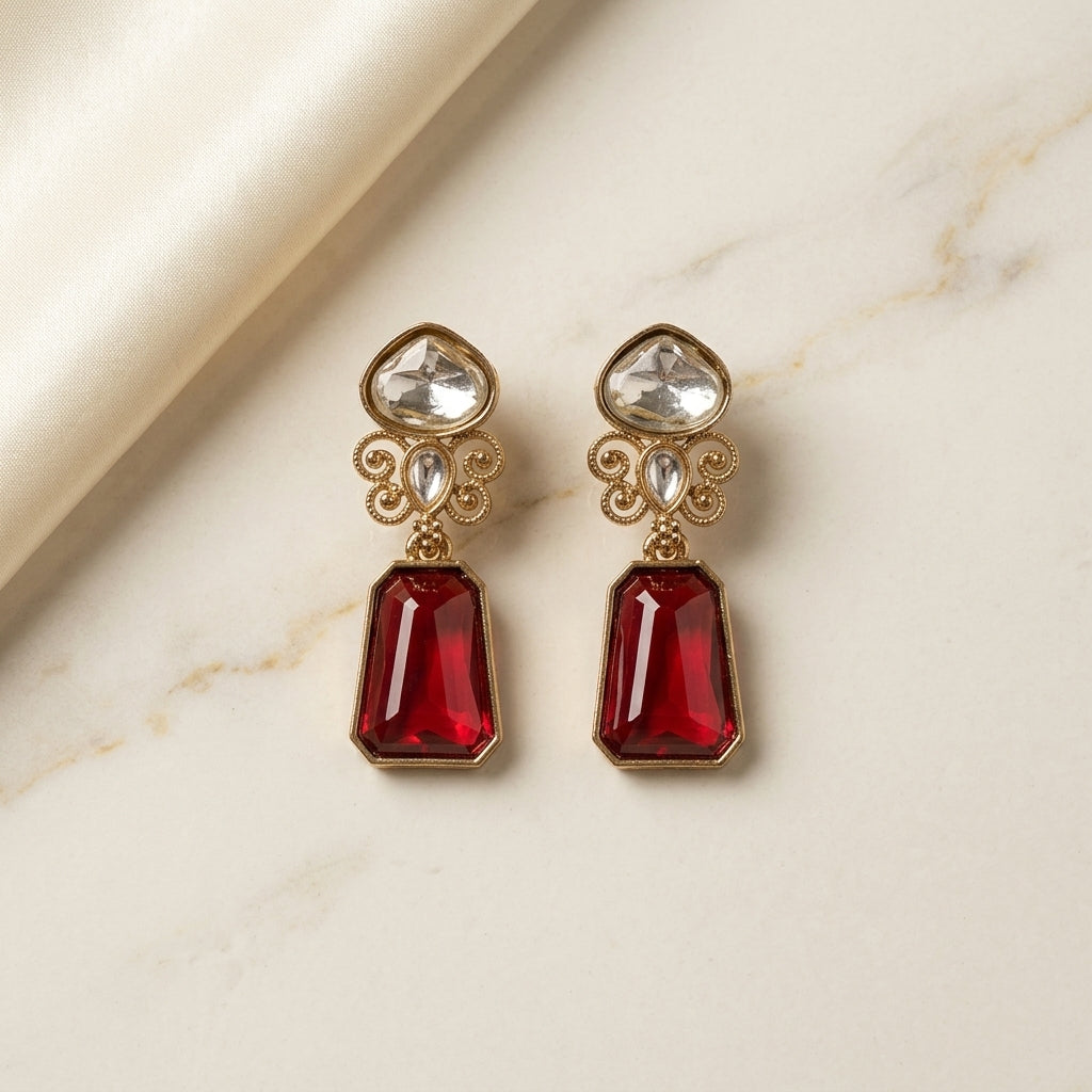 Gold Finish Kundan Stone Drop Earrings for Women | Lady Zone