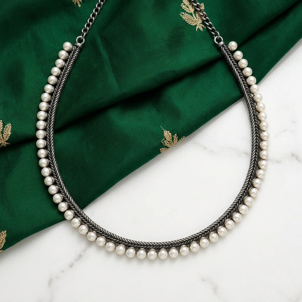 Oxidised Pearl Chain Necklace for Women | Lady Zone