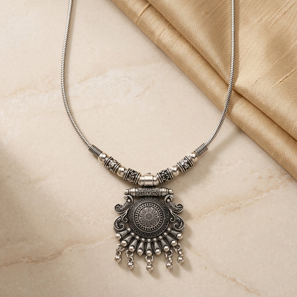 Traditional Oxidised Floral Pendant Necklace for Women | Lady Zone