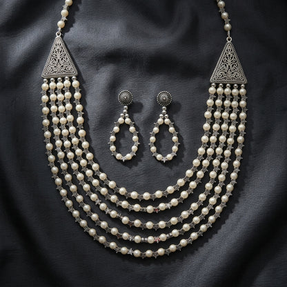 Oxidised Layered Beaded Necklace Set with Earrings for Women | Lady Zone