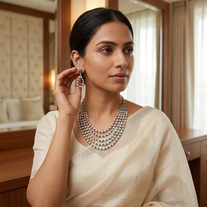 Oxidised Layered Beaded Necklace Set with Earrings for Women | Lady Zone