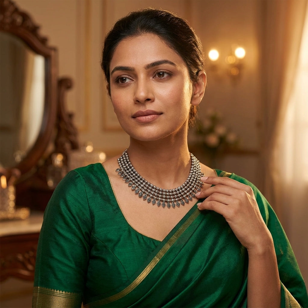 Oxidised Layered Beaded Statement Necklace for Women | Lady Zone