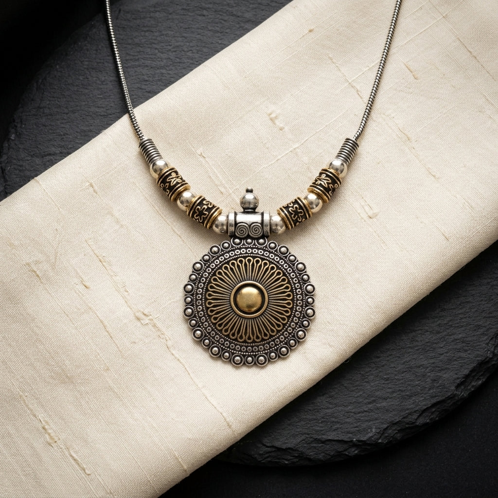 Boho Oxidised Round Pendant Necklace for Women | Lady Zone
