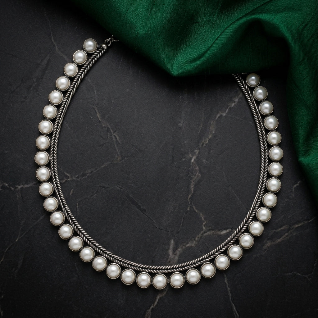 Minimal Pearl Oxidised Necklace for Women | Lady Zone