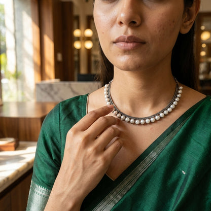Minimal Pearl Oxidised Necklace for Women | Lady Zone