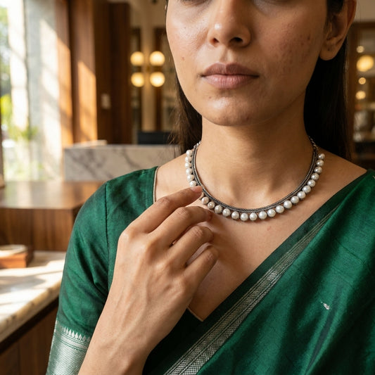 Minimal Pearl Oxidised Necklace for Women | Lady Zone
