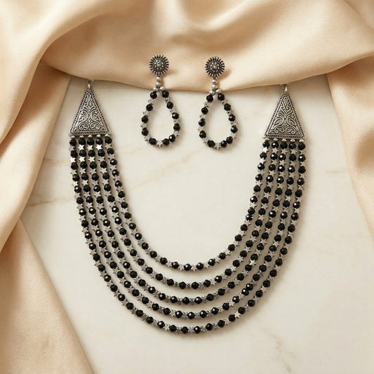 Oxidised Layered Beaded Necklace Set with Earrings for Women | Lady Zone