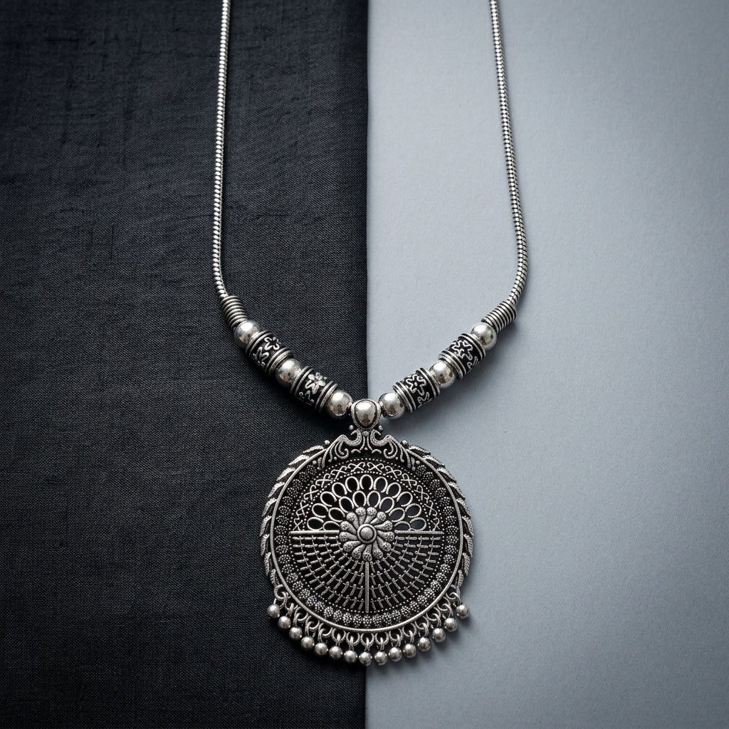 Traditional Oxidised Floral Round Pendant Necklace for Women | Lady Zone