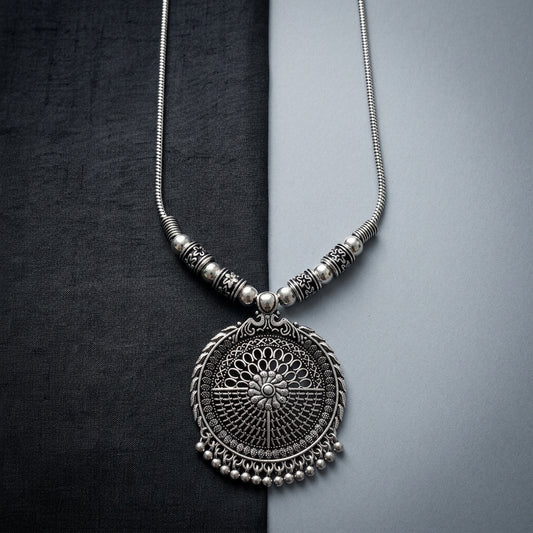 Traditional Oxidised Floral Round Pendant Necklace for Women | Lady Zone
