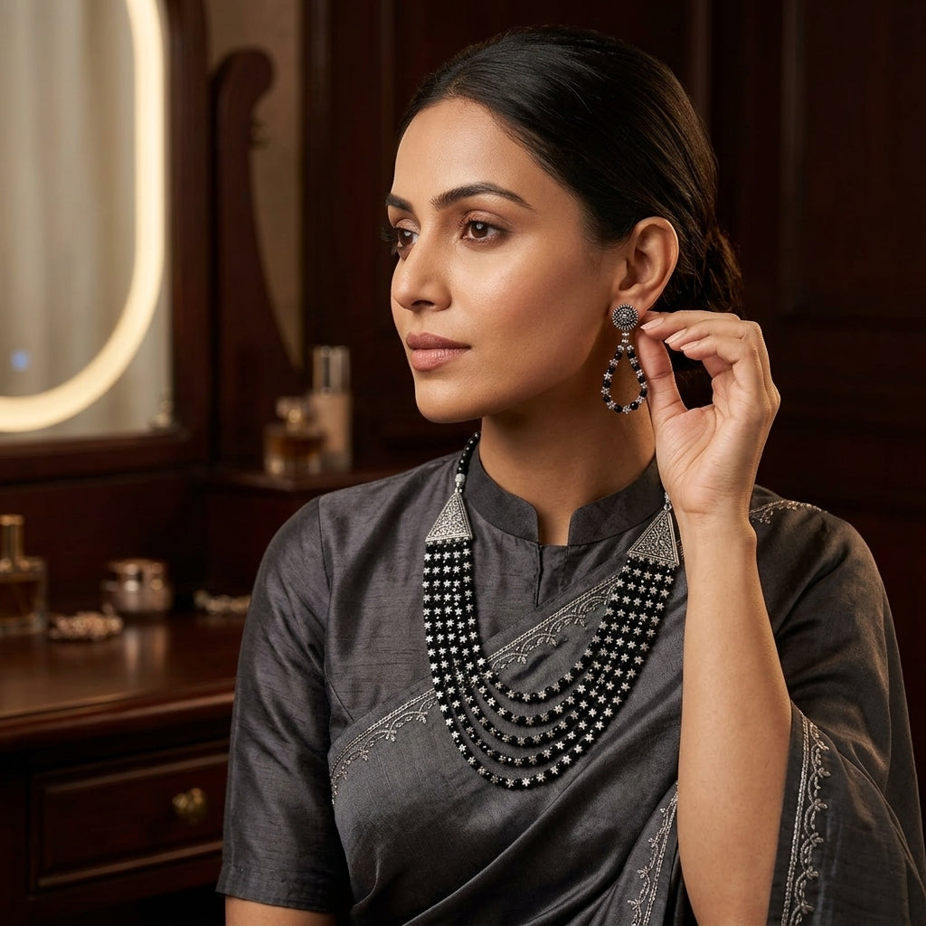 Oxidised Layered Beaded Necklace Set with Earrings for Women | Lady Zone