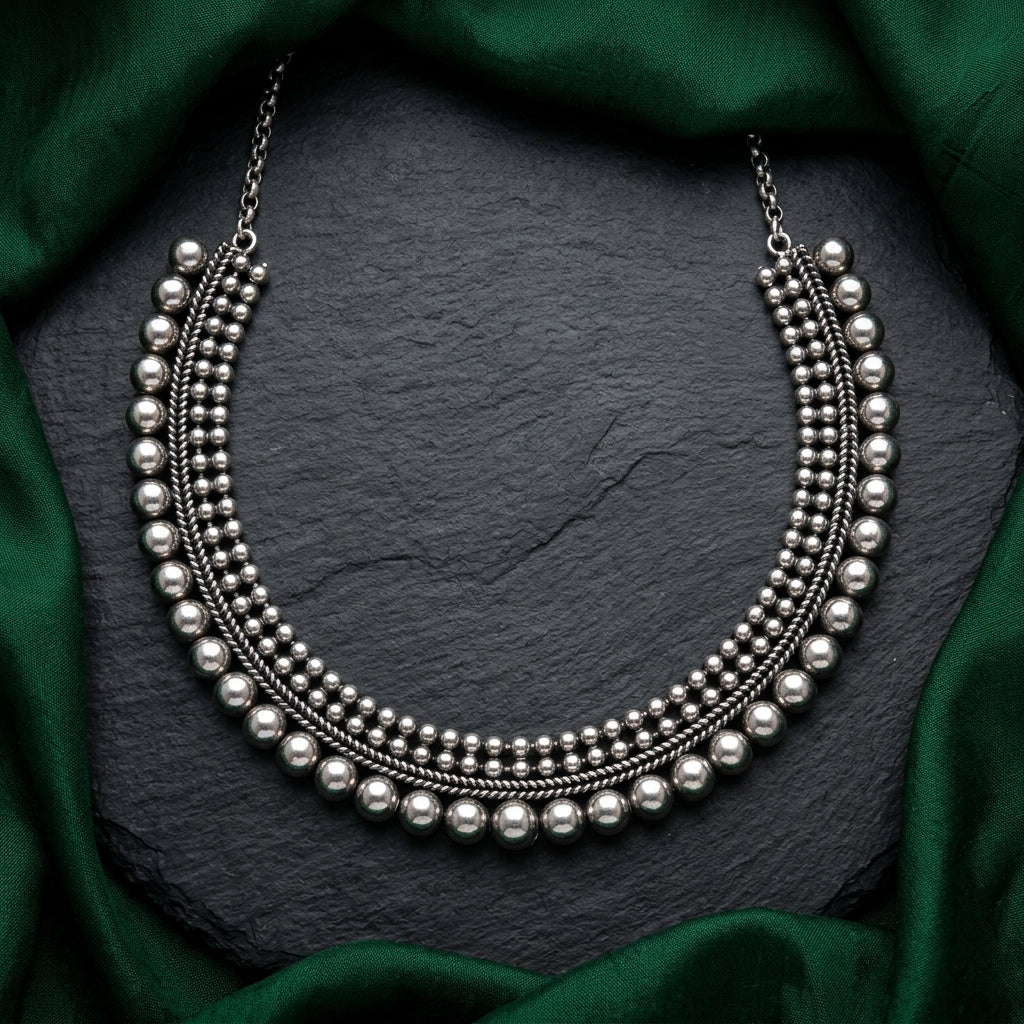 Minimal Oxidised Silver Layered Beaded Necklace for Women | Lady Zone
