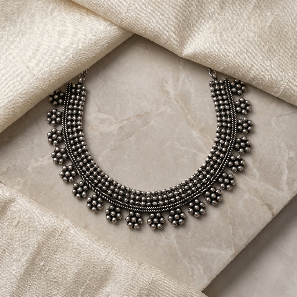 Oxidised Floral Beaded Statement Necklace for Women | Lady Zone