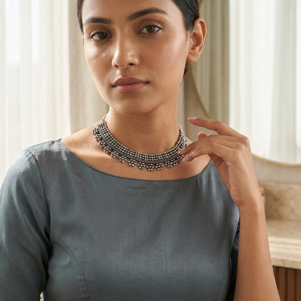Oxidised Floral Beaded Statement Necklace for Women | Lady Zone