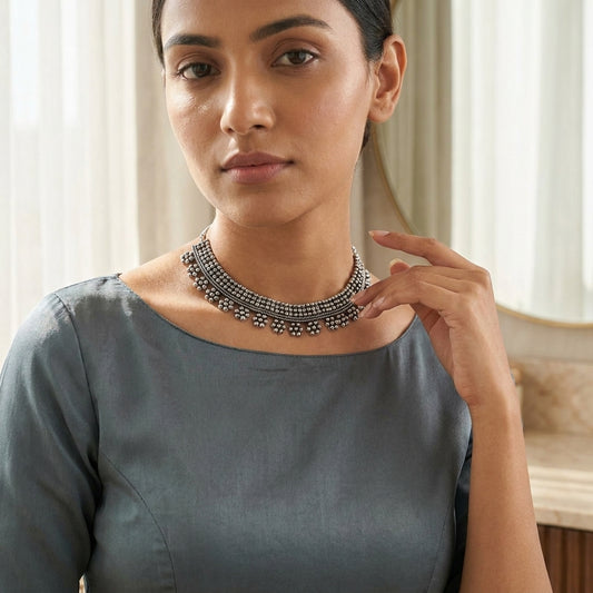 Oxidised Floral Beaded Statement Necklace for Women | Lady Zone