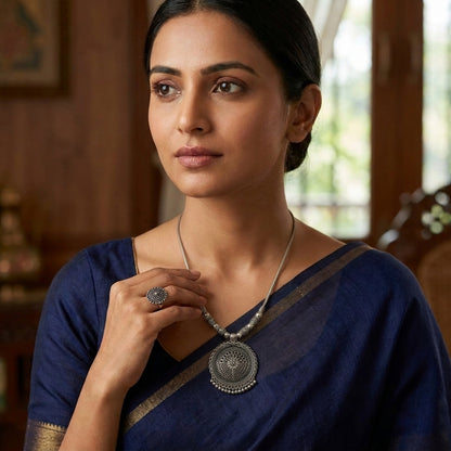 Traditional Oxidised Floral Round Pendant Necklace for Women | Lady Zone