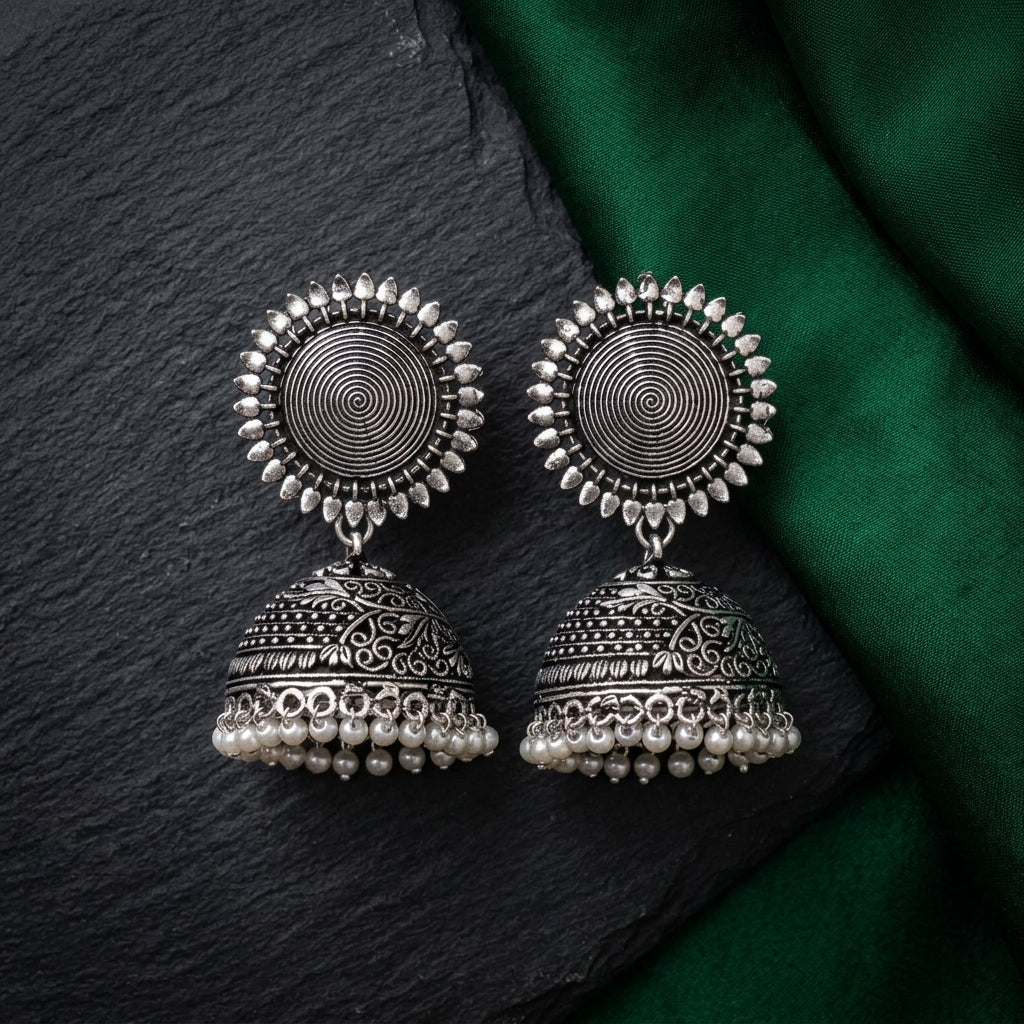 Traditional Beads Oxidised Jhumka Earrings for Women | Lady Zone