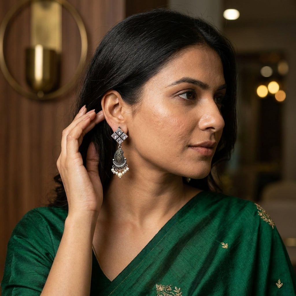 Pearl Drop Oxidised Ethnic Earrings for Women | Lady Zone