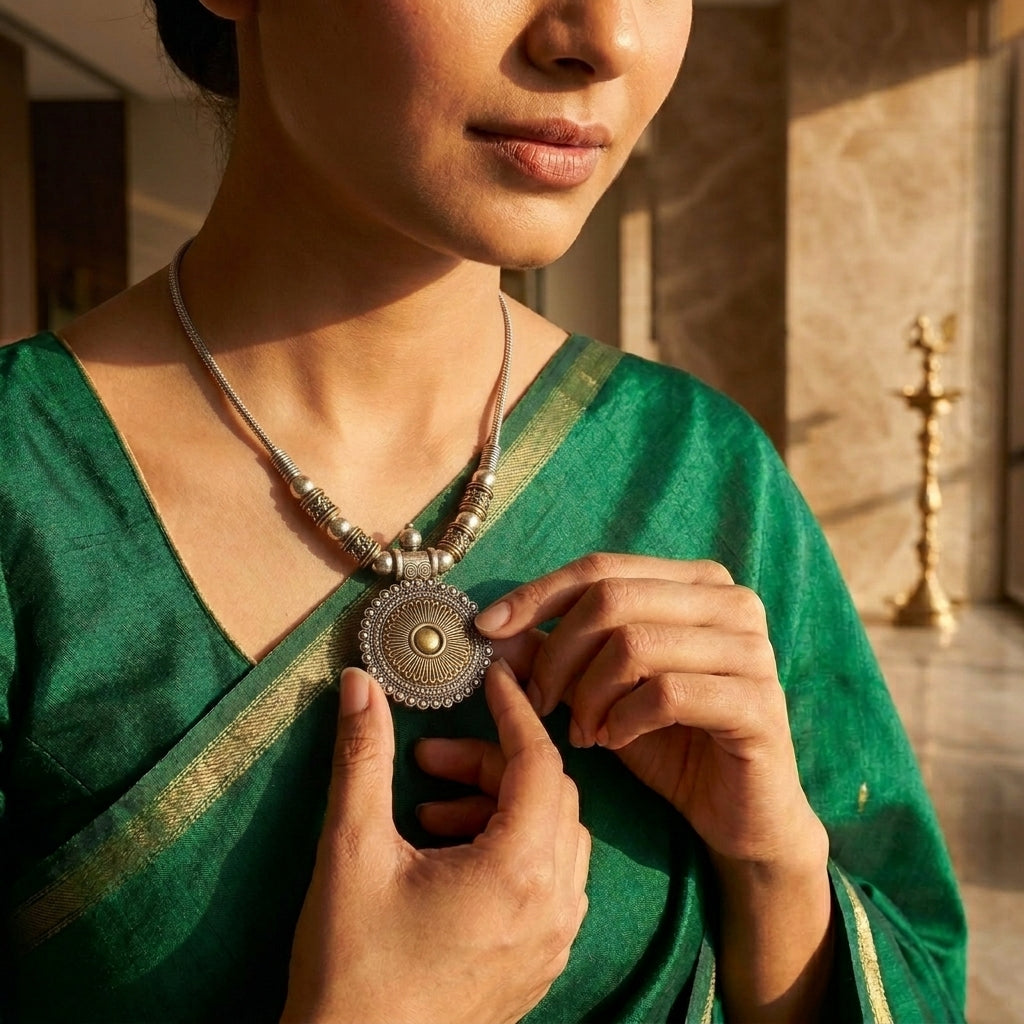 Boho Oxidised Round Pendant Necklace for Women | Lady Zone