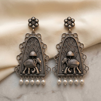 German Silver Elephant Temple Pattern Statement Earrings for Women | Lady Zone