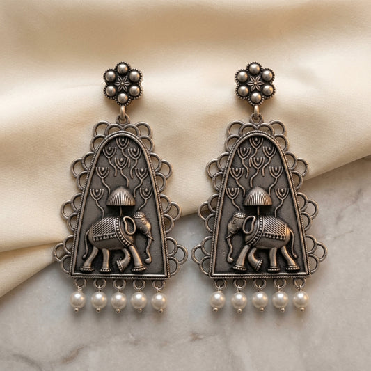 German Silver Elephant Temple Pattern Statement Earrings for Women | Lady Zone