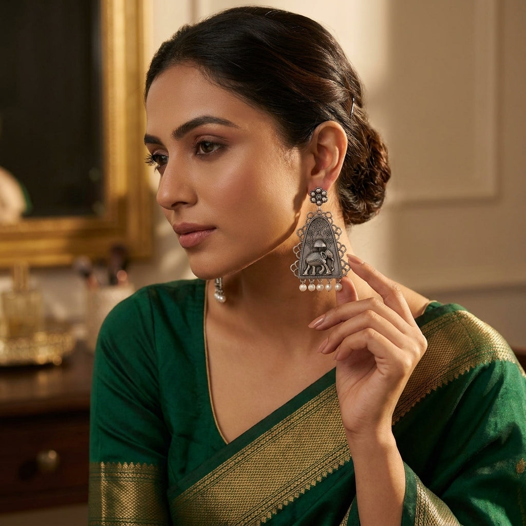 German Silver Elephant Temple Pattern Statement Earrings for Women | Lady Zone