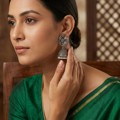 German Silver Peacock Jhumka Pattern Earrings for Women | Lady Zone