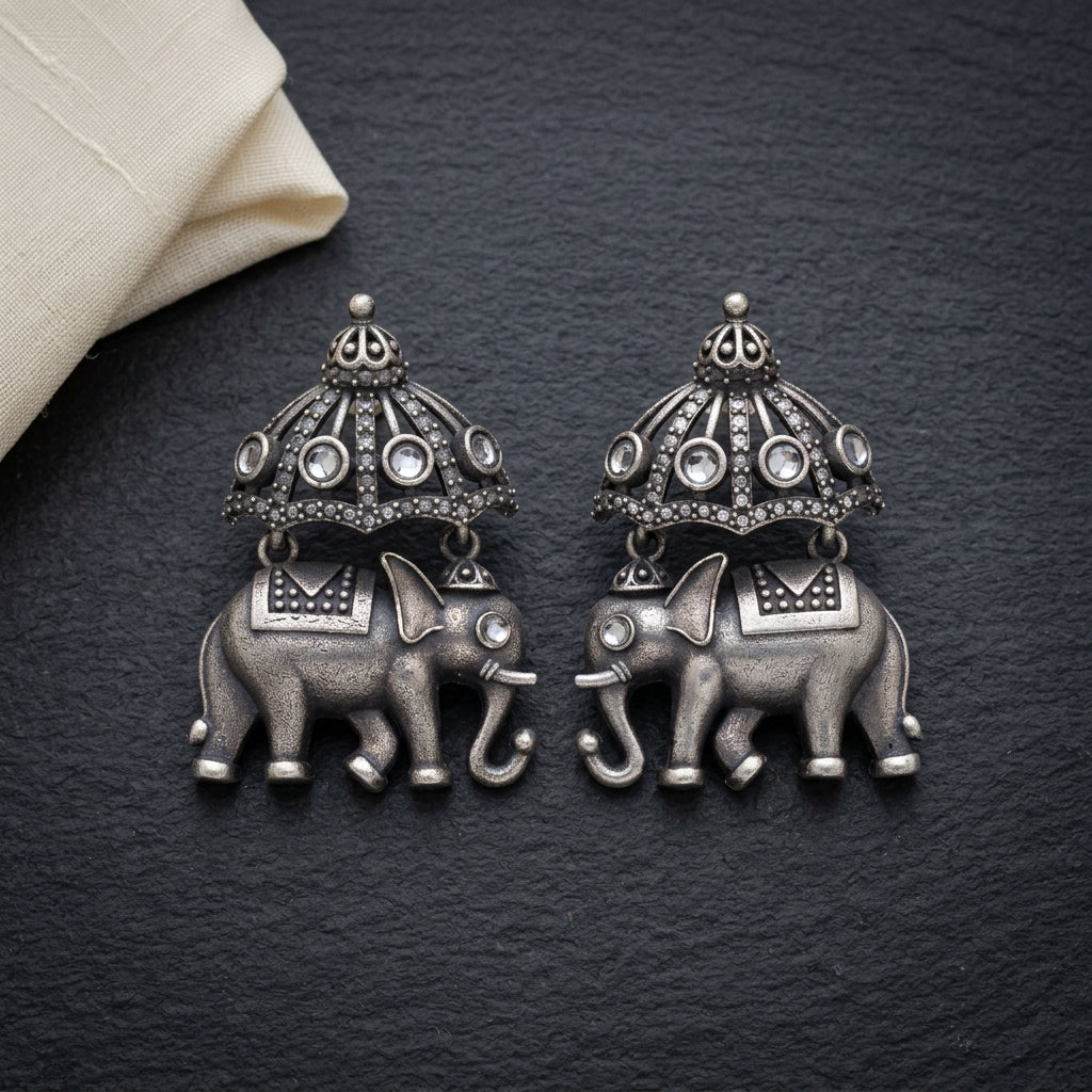 German Silver Elephant Dome Pattern Statement Earrings for Women | Lady Zone