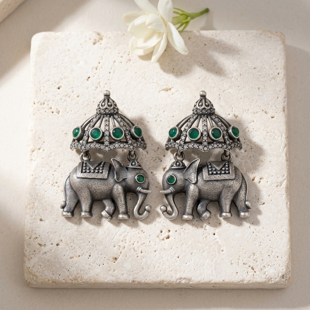German Silver Elephant Dome Pattern Statement Earrings for Women | Lady Zone