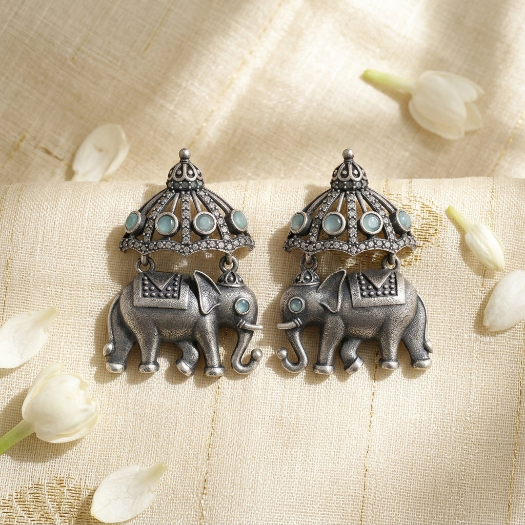 German Silver Elephant Dome Pattern Statement Earrings for Women | Lady Zone