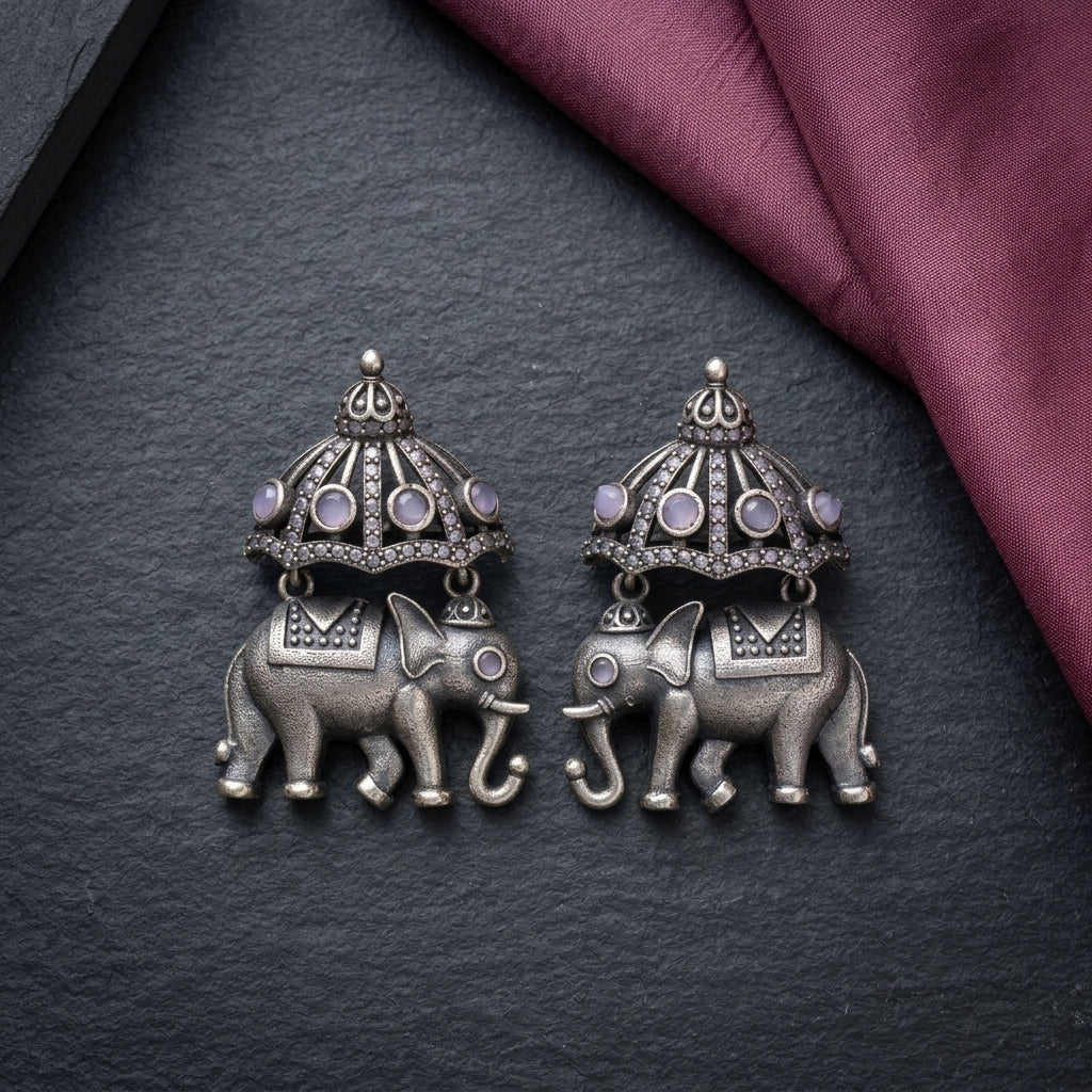 German Silver Elephant Dome Pattern Statement Earrings for Women | Lady Zone