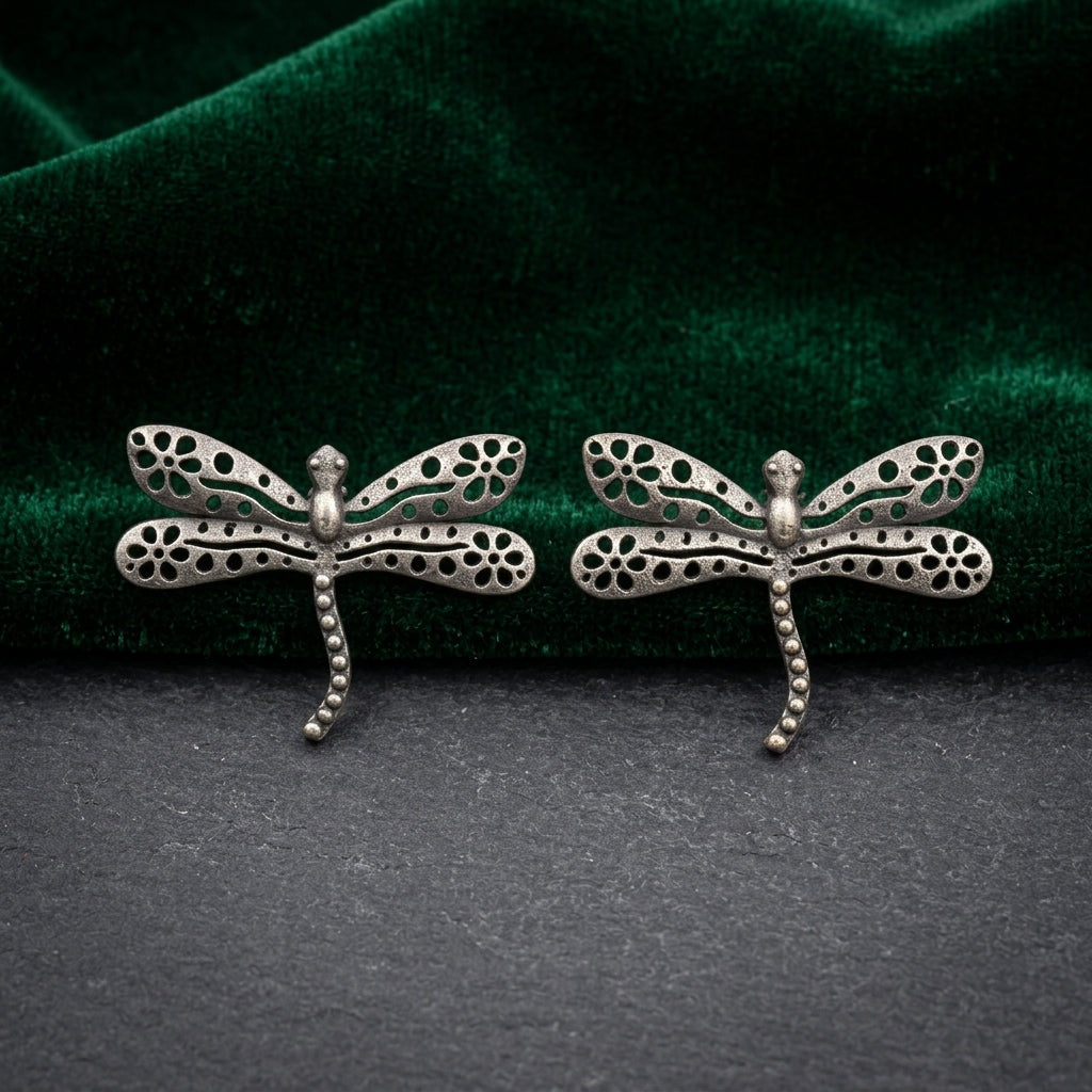 German Silver Dragonfly Pattern Stud Earrings for Women | Lady Zone