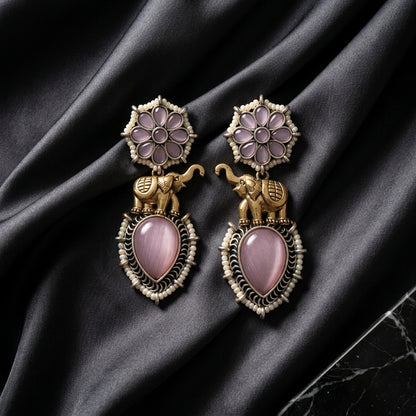 German Silver Elephant Floral Pattern Drop Earrings for Women | Lady Zone