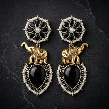 German Silver Elephant Floral Pattern Drop Earrings for Women | Lady Zone