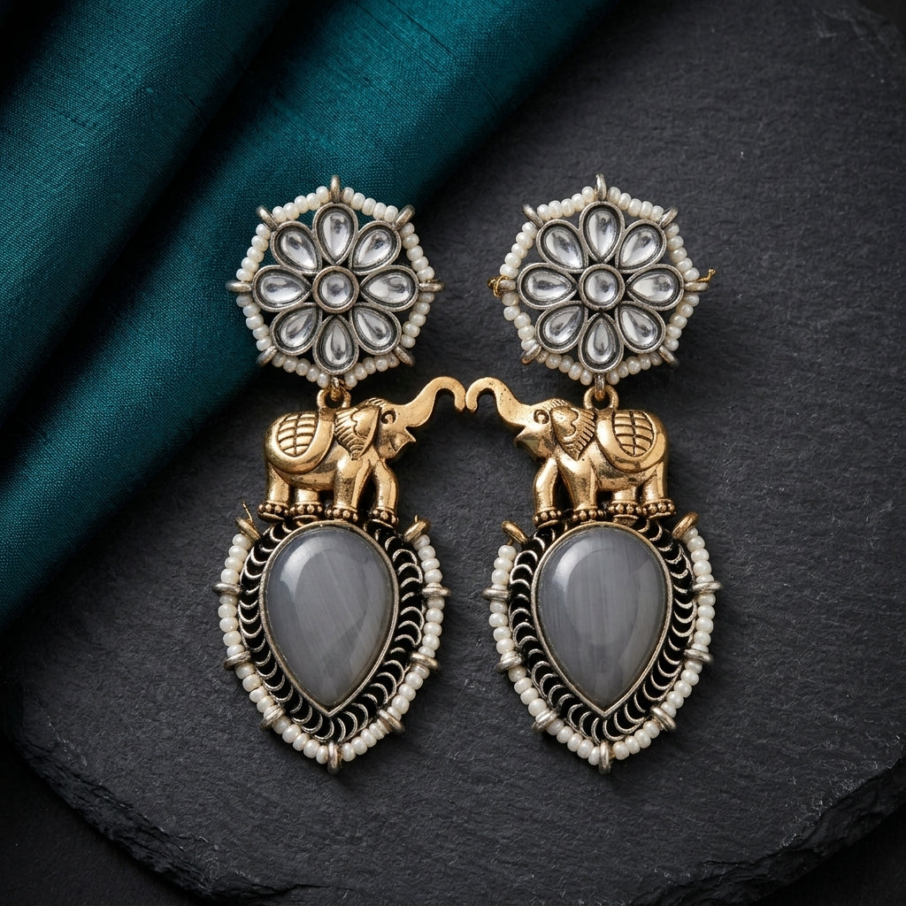German Silver Elephant Floral Pattern Drop Earrings for Women | Lady Zone