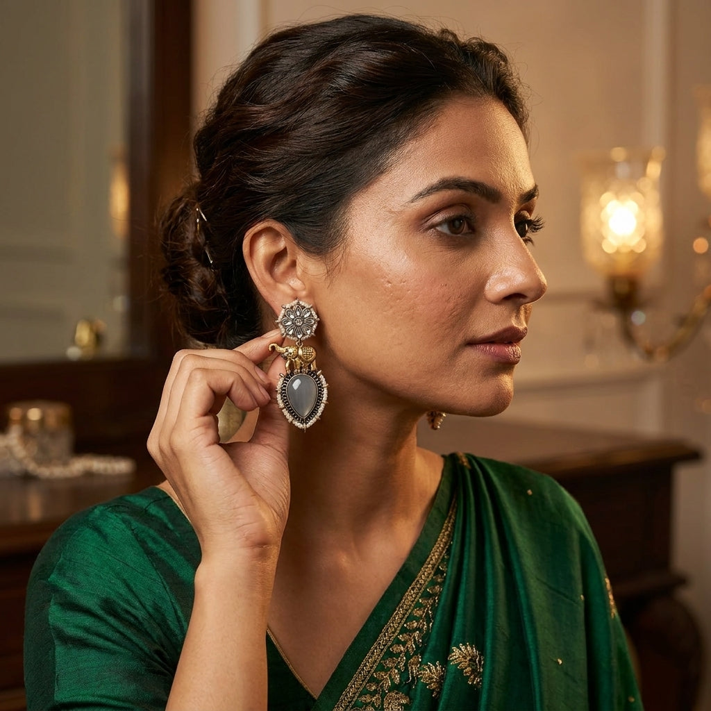 German Silver Elephant Floral Pattern Drop Earrings for Women | Lady Zone