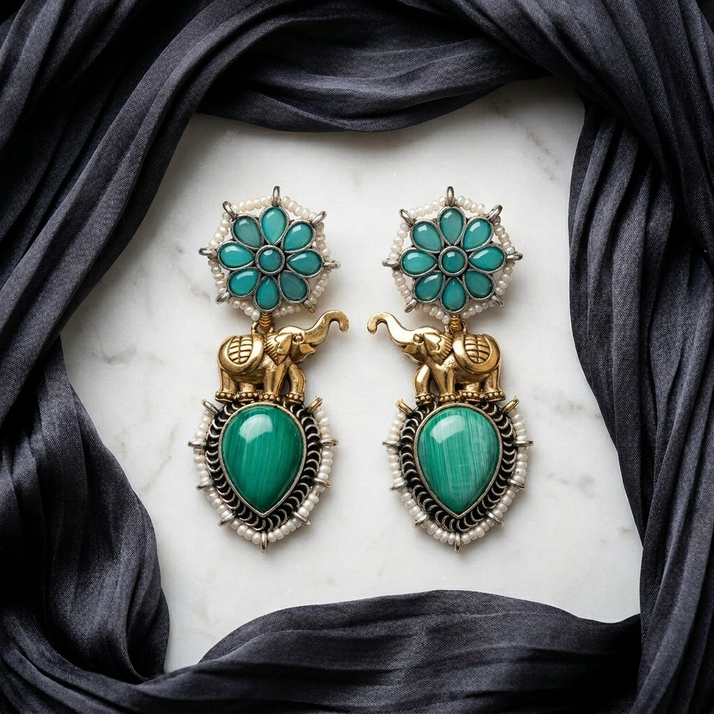 German Silver Elephant Floral Pattern Drop Earrings for Women | Lady Zone