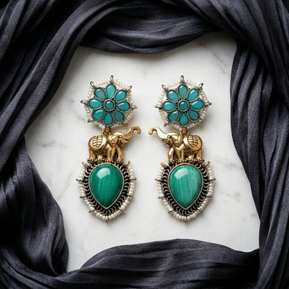 German Silver Elephant Floral Pattern Drop Earrings for Women | Lady Zone