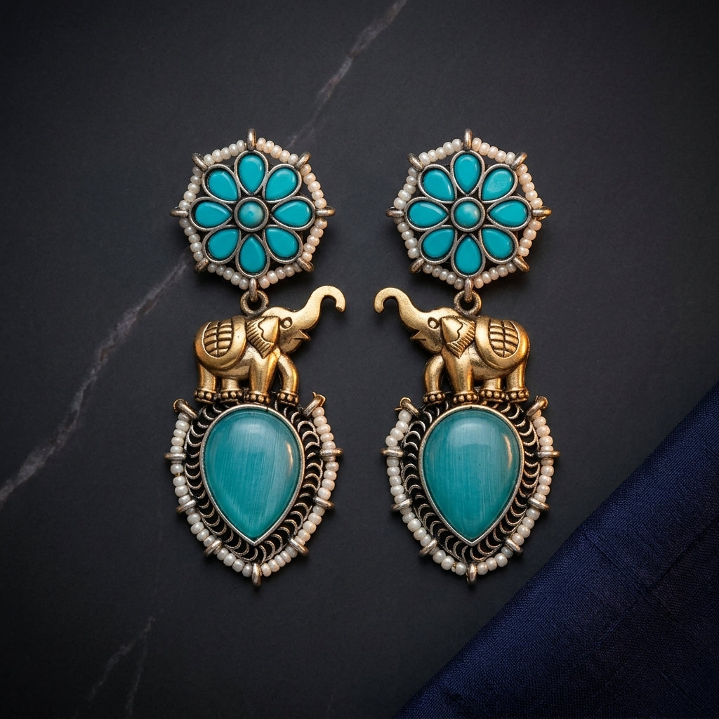 German Silver Elephant Floral Pattern Drop Earrings for Women | Lady Zone
