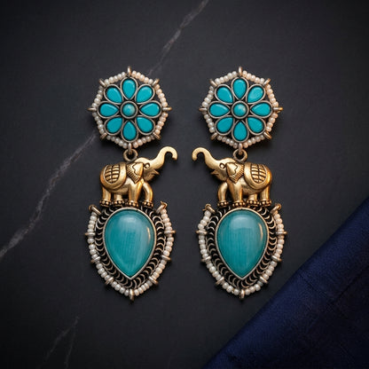 German Silver Elephant Floral Pattern Drop Earrings for Women | Lady Zone