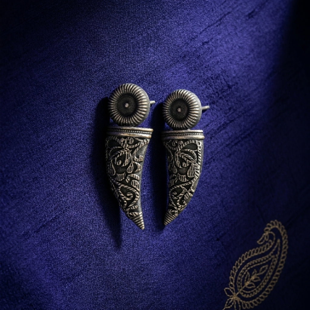 German Silver Tribal Horn Design Statement Stud Earrings for Women | Lady Zone