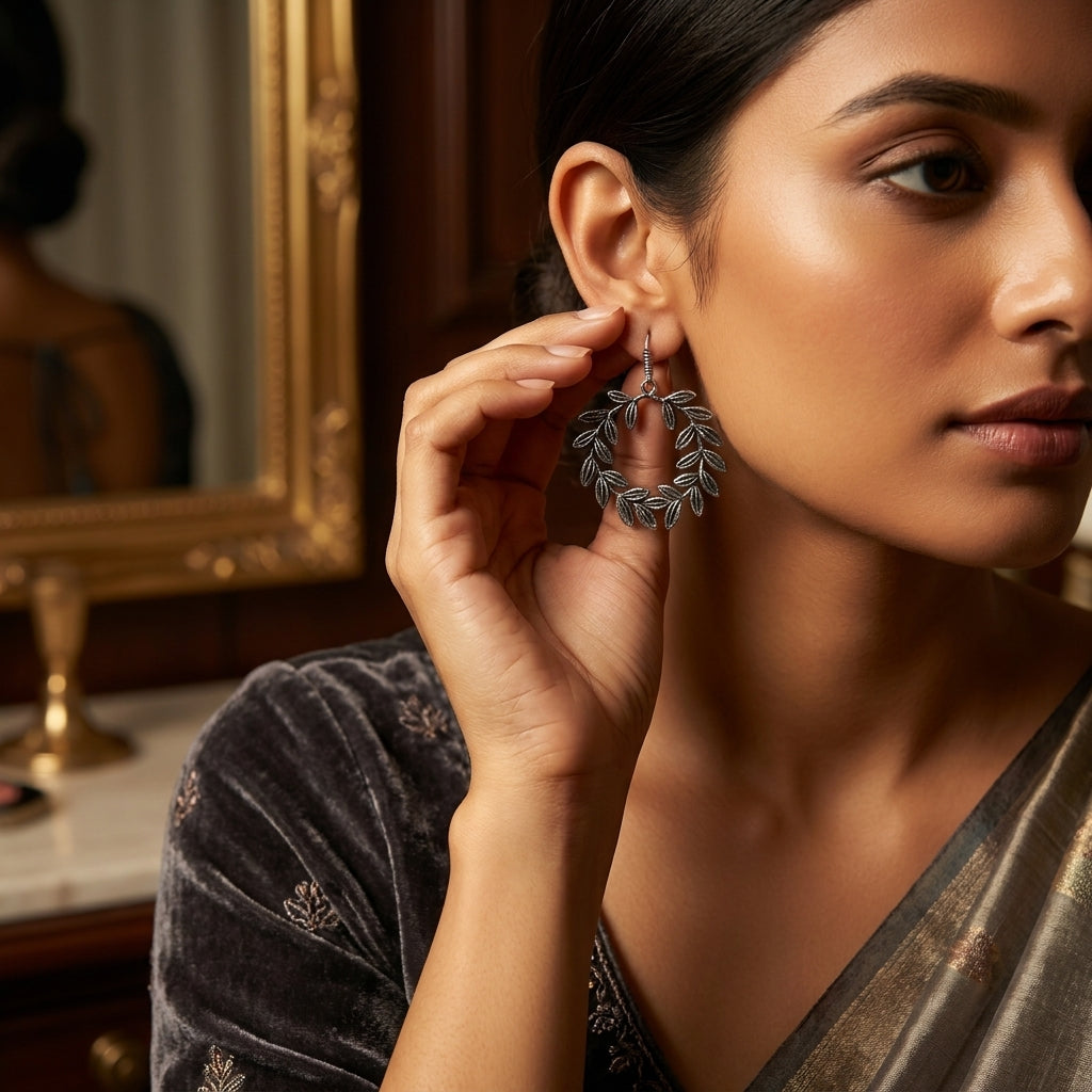 Oxidised Leaf Wreath Hoop Earrings for Women | Lady Zone
