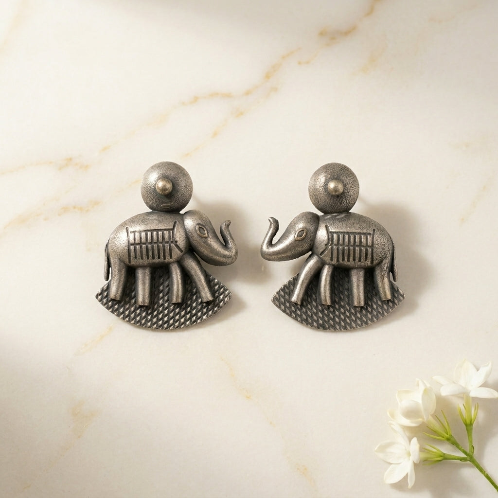 German Silver Elephant Motif Stud Earrings for Women | Lady Zone
