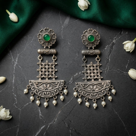German Silver Pearl Drop Statement Chandbali Earrings for Women | Lady Zone
