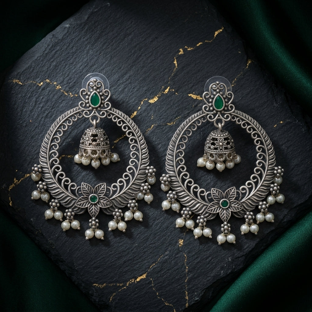German Silver Floral Pearl Jhumka Hoop Earrings for Women | Lady Zone