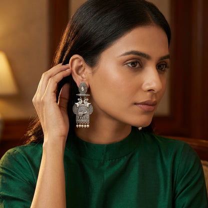 German Silver Elephant Pearl Drop Statement Earrings for Women | Lady Zone
