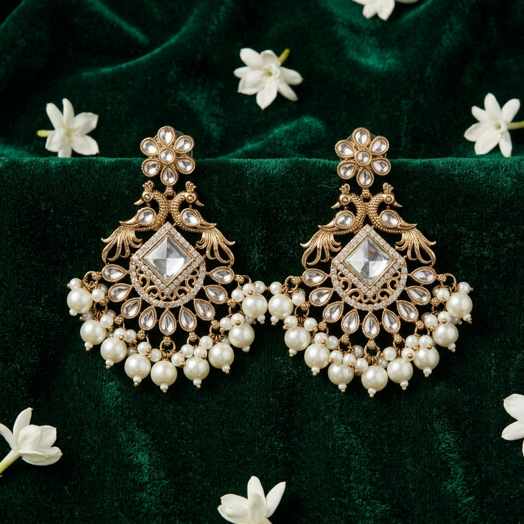 Royal Antique Kundan Peacock Chandelier Earrings