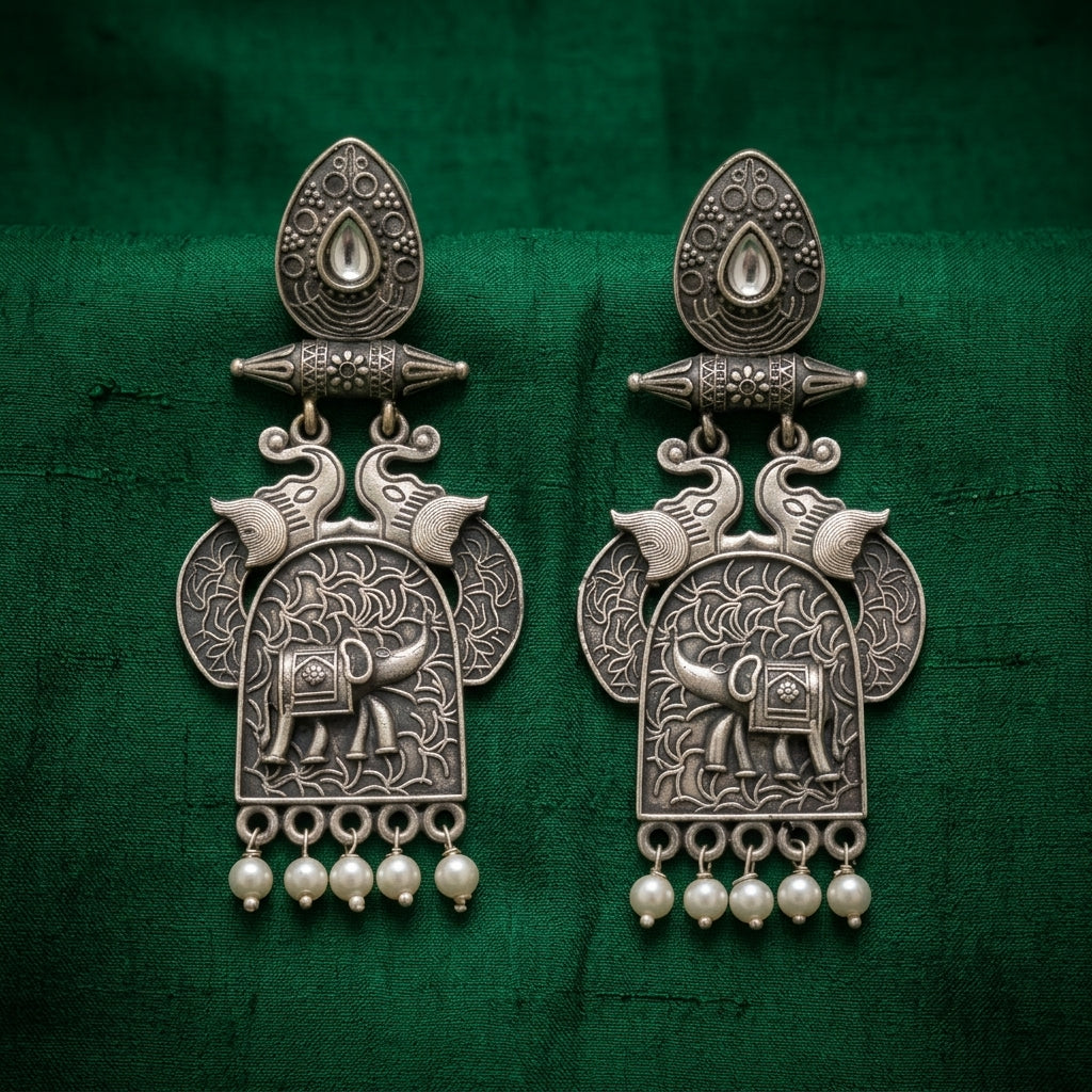 German Silver Elephant Pearl Drop Statement Earrings for Women | Lady Zone