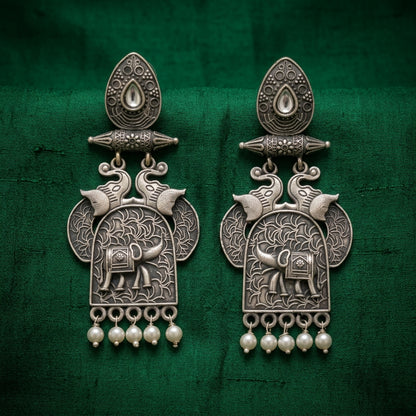 German Silver Elephant Pearl Drop Statement Earrings for Women | Lady Zone