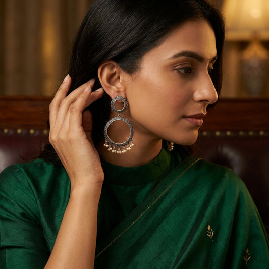 German Silver Pearl Hoop Chandbali Statement Earrings for Women | Lady Zone